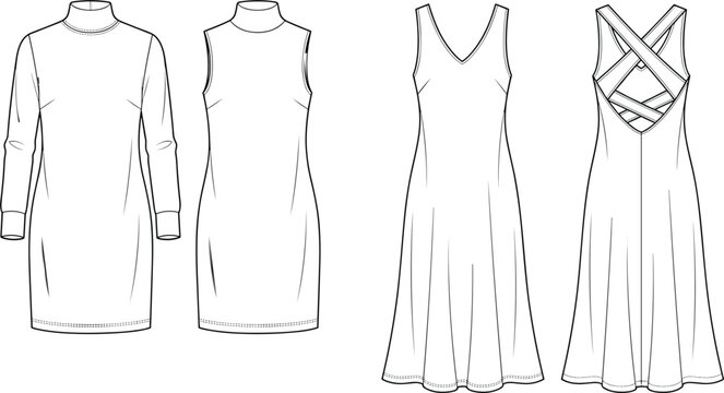 Technical flat sketch set featuring long sleeve turtleneck dress sleeveless mock neck dress and crisscross strappy back midi dress