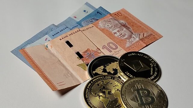 Close-up of Malaysian 1 Ringgit and 10 Ringgit banknotes with illustrations of physical Bitcoin, USDT Tether, Ripple XRP, and Ethereum ETH coins. Financial concept combining traditional currency and m