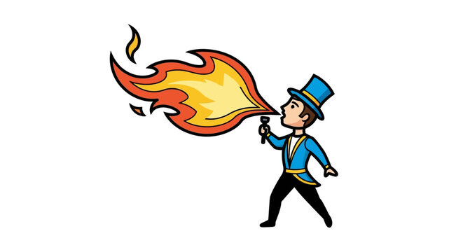 Circus Fire Breather Character Blowing Flames Cartoon Illustration Vector Art Mascot Isolated on White