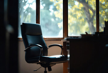 Fototapeta premium A black office chair sits near a window overlooking bright trees in an indoor setting.