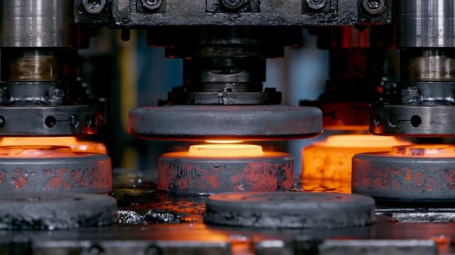 Medium shot of heated billets being precisely shaped into flat valve heads under a powerful hightonnage press in a controlled forging environment.