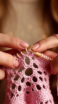 Hands knitting pink woolen garment with wooden needles.