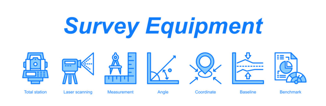 Survey Equipment banner web icon vector illustration concept with an icon of Total station, Laser scanning, Measurement, Angle, Coordinate, Baseline, Benchmark 