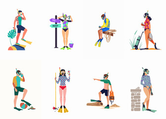 Flat Illustration Set of Diverse People in Snorkeling Gear and Swimwear Enjoying Summer Water Activities and Diving Adventures © Sri