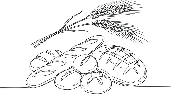 Bakery bread line illustration, wheat food vector drawing, handmade bakery products for restaurant menu and packaging design projects
