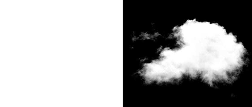Fluffy white cloud isolated on black background, realistic cumulus cloud texture for compositing, soft atmospheric vapor element for design