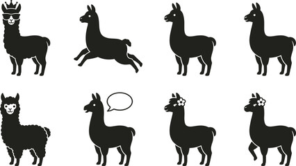 Fototapeta premium Cute llama silhouette collection, alpaca animal vector illustrations, playful farm character icons for branding and decoration design projects
