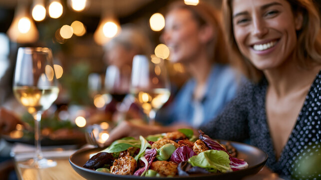 Close-up of a group of women sharing food and laughter around a table during a dinner night out, women social concept, dinner party photography, female friendship lifestyle,