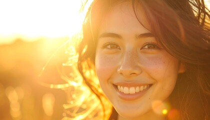 Fototapeta premium Glowing smile in golden hour sunlight