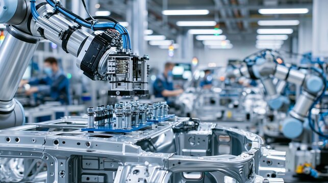 Medium shot of collaborative robots working beside technicians efficiently tightening seat bolts on automotive frames in a modern factory environment. Cobot arms seamlessly