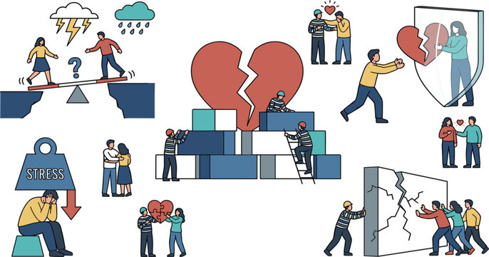 Mental Health and Relationship Conflict Concept Illustration Set Featuring Stress, Broken Hearts, Emotional Support, and Teamwork for Wellness and Psychology Designs
