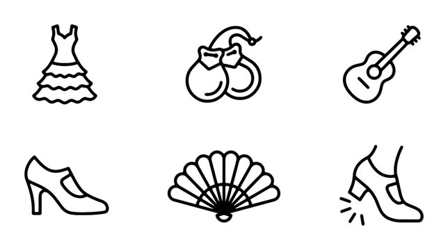Flamenco Icons Set: Dress, Guitar, Castanets, Fan, Shoes, Dance - Vector Graphics