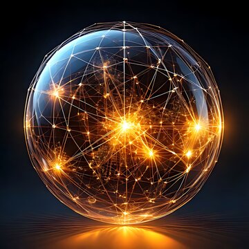 Glowing sphere with connected nodes, bright light
