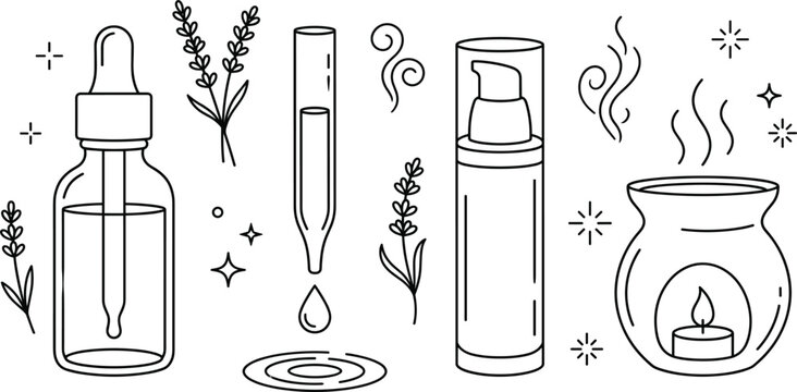 Lavender essential oil line icon set with dropper bottle serum pump cosmetic container aroma burner on white background