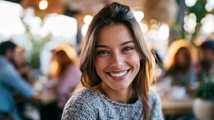 Obraz premium Close-up of a woman with long hair smiling in a warm café surrounded by friends in afternoon light, café afternoon concept, friends and light photography, afternoon social