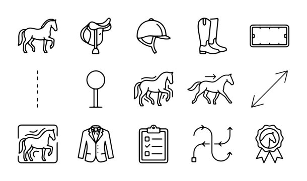 Equestrian Icon Set: Horse Riding Gear, Training, and Awards Vector Graphics