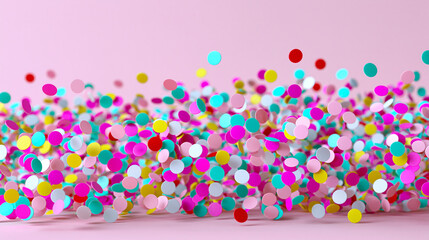 Obraz premium Colorful confetti explosion with floating vibrant shapes creating festive celebration background.