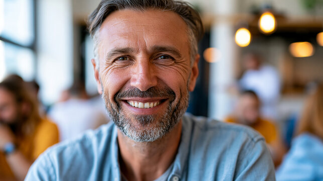 Close-up of a man smiling at a social gathering indoors in a vibrant atmosphere with genuine happiness, candid social concept, indoor portrait photography, happiness lifestyle,