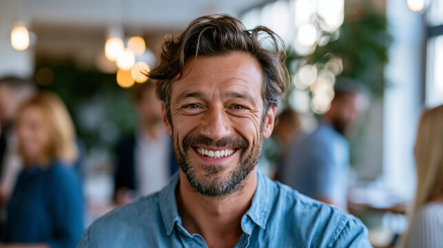 Close-up of a man smiling at a social gathering indoors in a vibrant atmosphere with genuine happiness, candid social concept, indoor portrait photography, happiness lifestyle,
