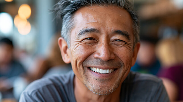 Close-up of a man smiling at a social gathering indoors in a vibrant atmosphere with genuine happiness, candid social concept, indoor portrait photography, happiness lifestyle,
