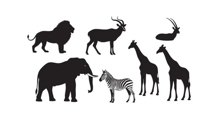 Fototapeta premium African safari animal silhouettes including lion elephant giraffe zebra and antelope.