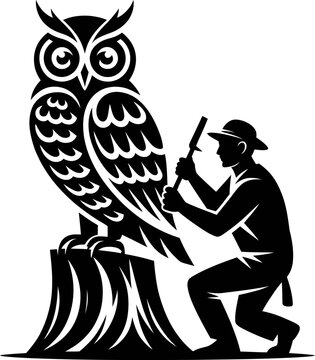 Man carving owl statue with chisel on tree stump