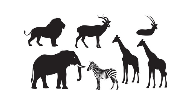 African safari animal silhouettes including lion elephant giraffe zebra and antelope.