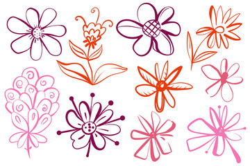 Fototapeta premium Set features colorful sketch flower icons isolated on a white background. This vibrant collection of abstract retro botanical illustrations is perfect for custom stickers, summer greeting cards.