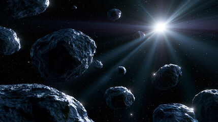Obraz premium Close view of asteroid in space with bright star light illuminating cosmic scene and floating rocks.