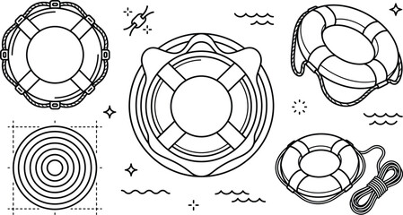 Lifebuoy lifesaver ring icon set line art doodle vector illustration with safety rope waves for marine rescue concept © S O H A G