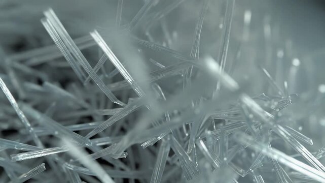 Microscopic crystal fibers scattering creating an abstract, translucent background, highlighting synthetic material textures and intricate details at a magnified scale