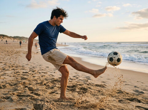 Young Man Playing Beach Football on Sandy Beach at Sunset. Outdoor recreation, freedom, beach lifestyle, summer activity, energy, and healthy living concept.
