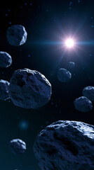 Obraz premium Asteroids floating in outer space illuminated by bright star light creating dramatic cosmic scene.