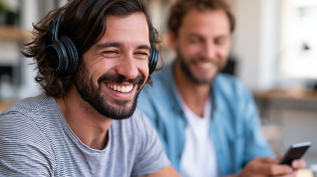 Close-up of two men laughing in a studio with one using headphones and the other holding a phone, studio hangout concept, friends in studio photography, music lifestyle, defocused