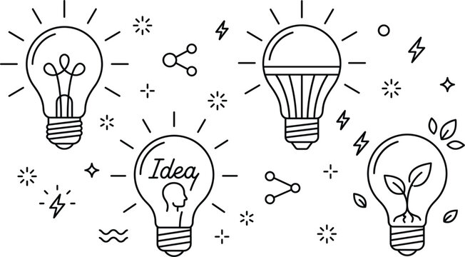 Light bulb line icons vector set featuring creative ideas glowing led lamps ecological plants sharing and lightning elements.