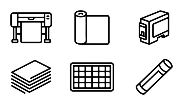 Printing Equipment Icons: Plotter, Roll Paper, Ink Cartridge, Stack, Grid, Marker