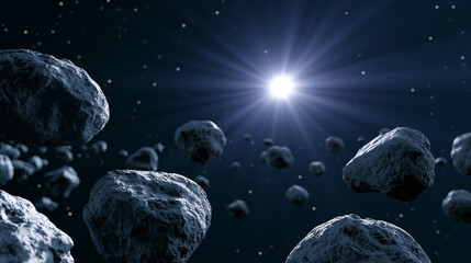 Obraz premium Asteroid field in deep space with bright star illuminating floating rocky bodies in cosmic environment.
