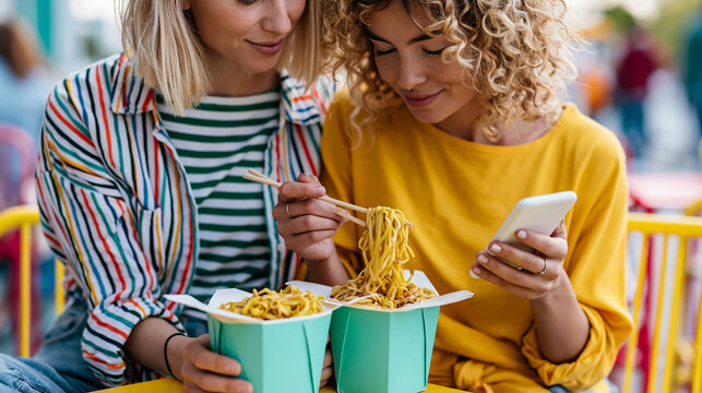 Close-up of two friends with a phone and takeout noodles sharing a fun moment on a vibrant set, casual hangout concept, takeout friends photography, fun lifestyle, defocused