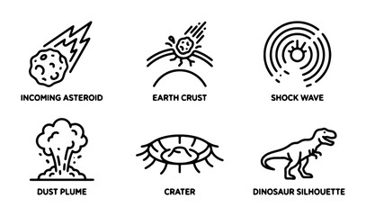 Asteroid Impact Icons: Dinosaur Extinction, Earth Shockwave, Crater, Dust Plume, Space Rock © Minhazul
