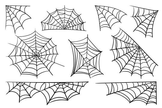 Set features black sketch spider web isolated on a white. This spooky collection of web corner and circular cobweb illustrations is perfect for Halloween decor, tattoo designs, and horror branding.