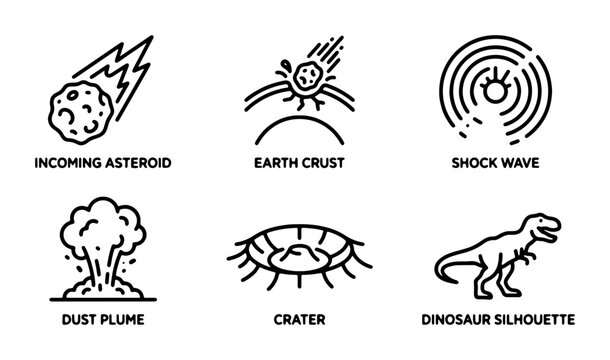 Asteroid Impact Icons: Dinosaur Extinction, Earth Shockwave, Crater, Dust Plume, Space Rock