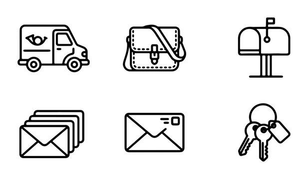 Mail Delivery Icons: Post Van, Satchel, Mailbox, Envelopes, Keys, Vector Set
