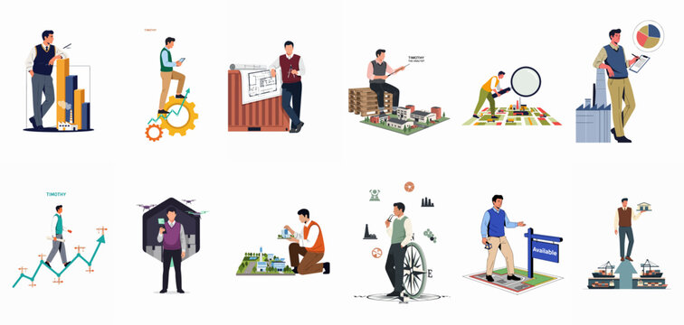 Set of Business Character Illustrations for Industrial Logistics, Architectural Planning, Real Estate Development, and Professional Data Analysis Concepts