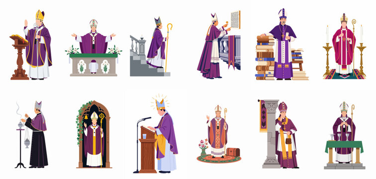 A comprehensive collection of vector illustrations depicting a Catholic bishop in purple vestments performing diverse liturgical services and religious duties.