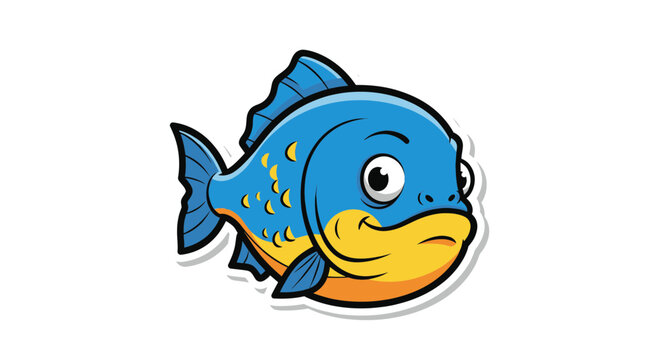 Cute Blue Cartoon Fish Character with Yellow Belly, Sticker Style