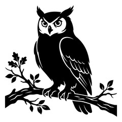 Obraz premium Graphic silhouette of an owl perched on tree branch on transparent background.