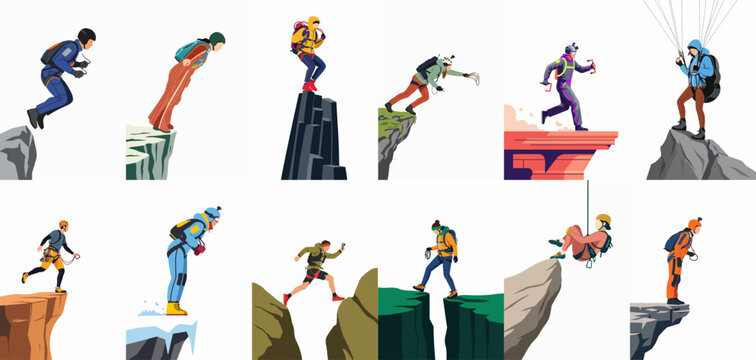 Collection of flat vector illustrations depicting various people jumping from cliffs and engaging in extreme mountain sports like BASE jumping and paragliding.