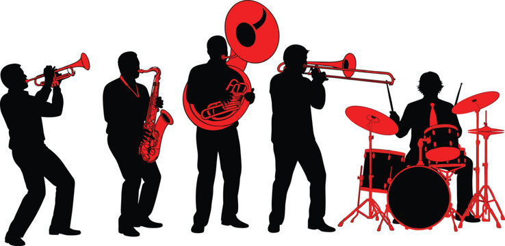 A dynamic black and red vector silhouette collection featuring a live jazz marching band playing trumpet saxophone tuba trombone and drums
