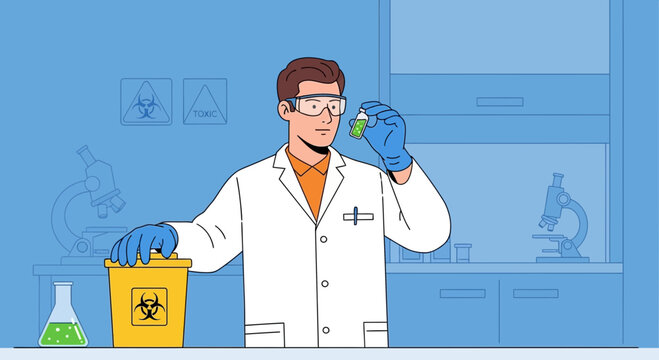Scientist with vial and biohazard bin in laboratory, science research concept