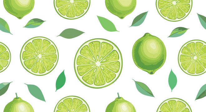 A fresh seamless pattern vector background featuring vibrant green limes whole citrus fruits round slices and scattered leaves